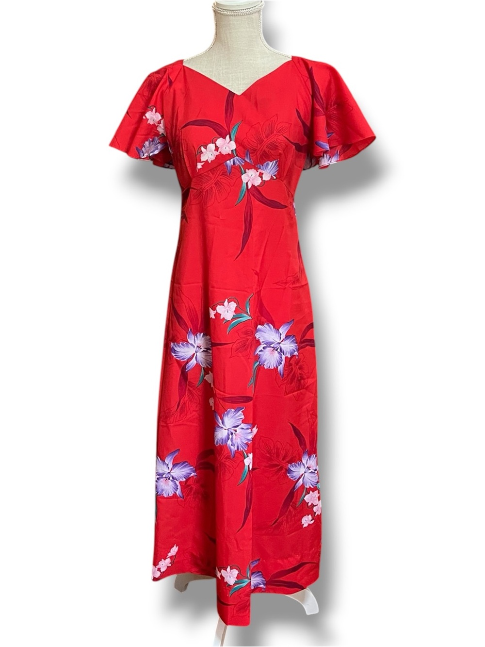 Vintage 70s Hukilau Fashions Tropical Orchid Flutter Sleeve Maxi Dress Size 8